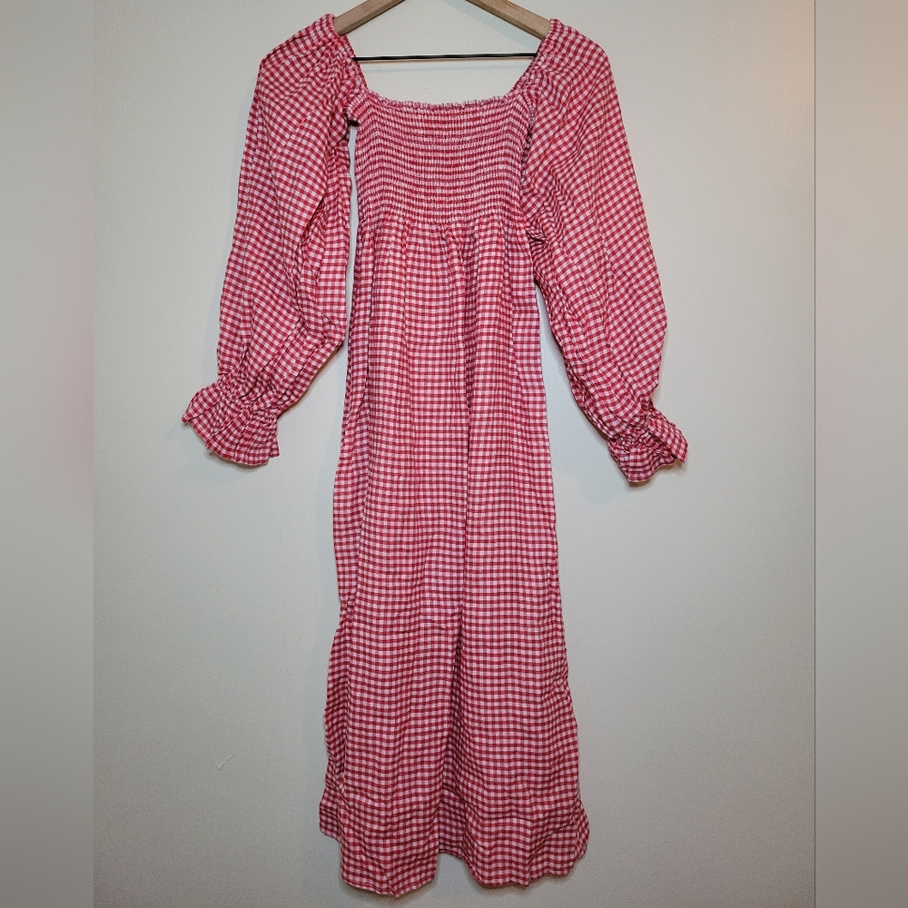 Sleeper 100% linen red gingham Atlanta dress with puff sleeves, small - Picture 11 of 16